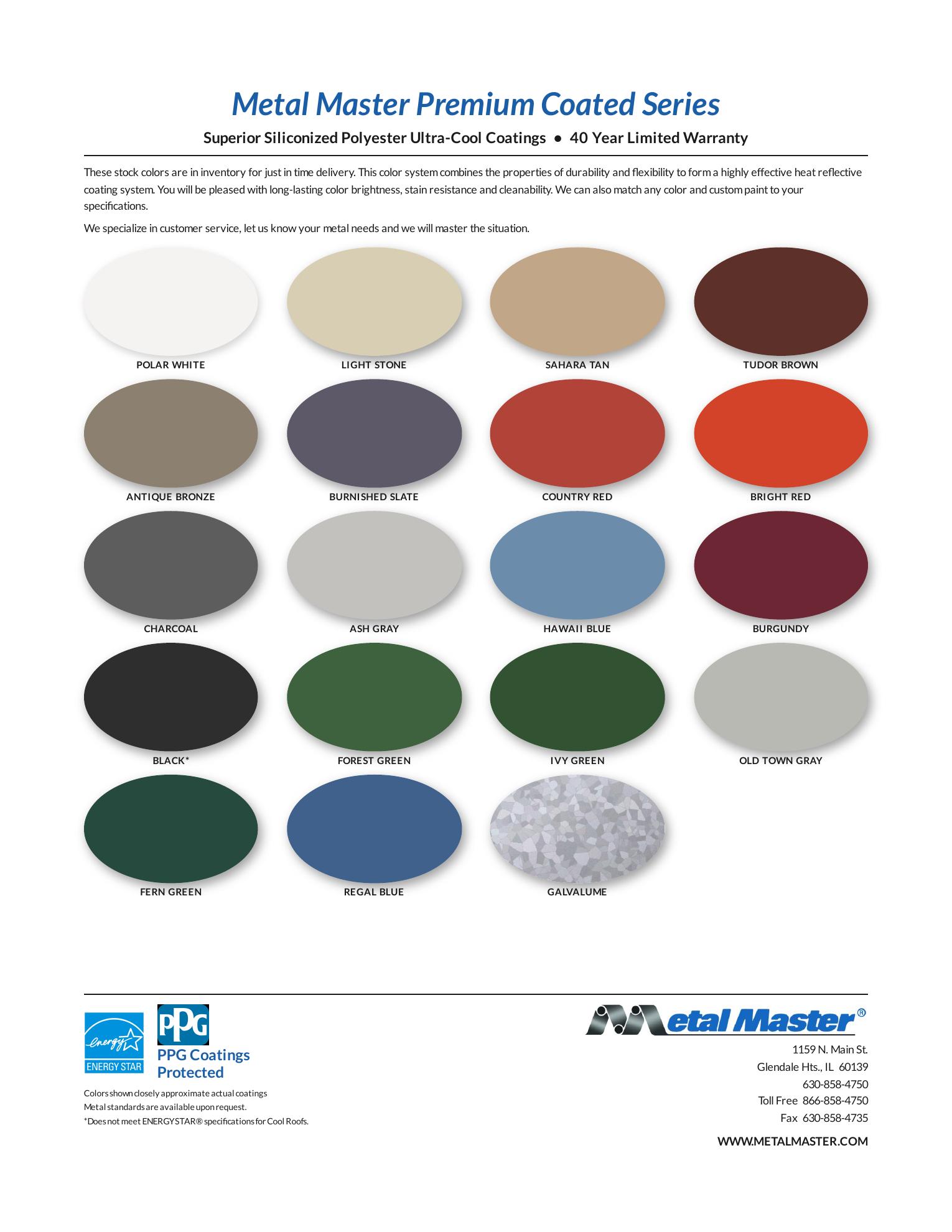Metal Master Premium Coated Series color chart showing stock colors, coating names, and finish information.