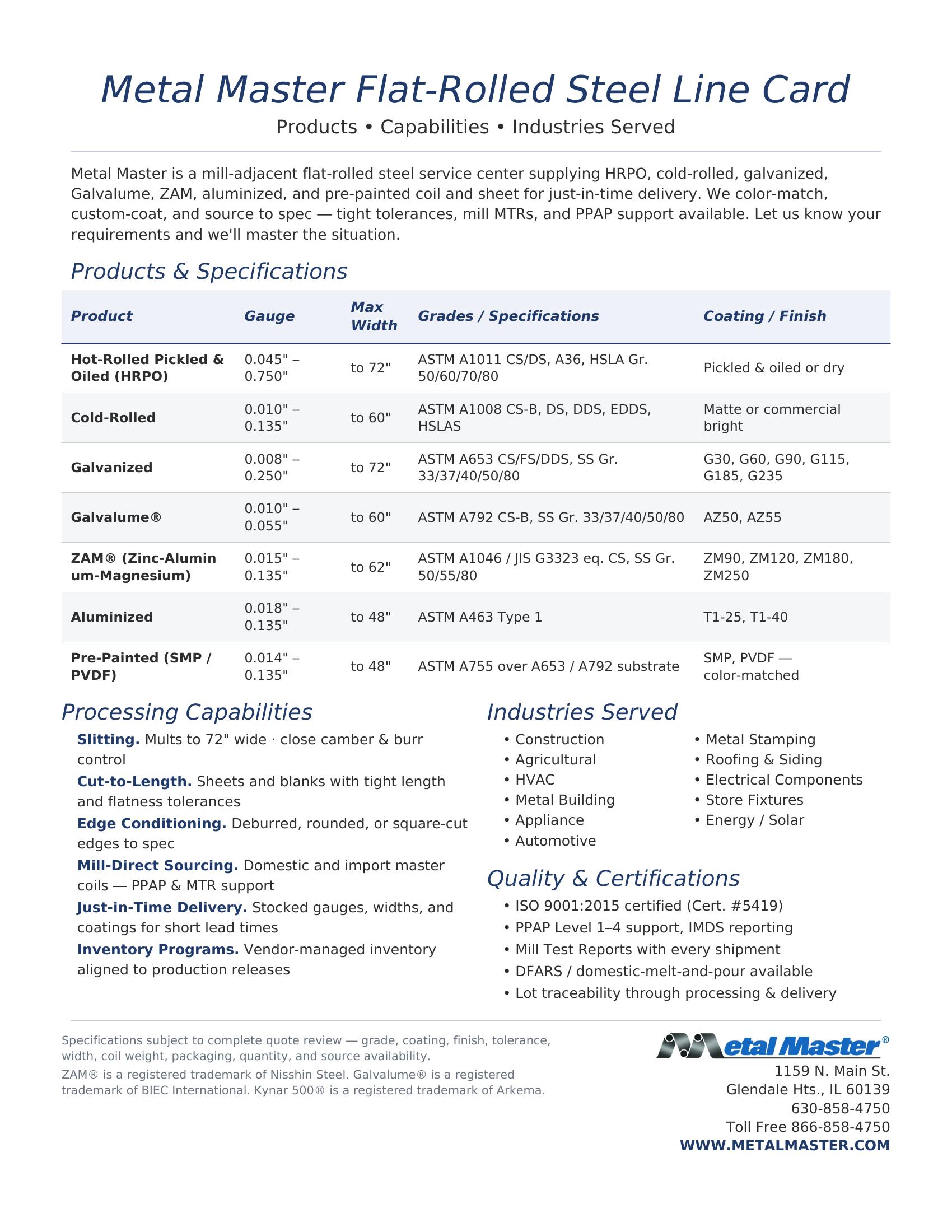 Metal Master Line Card showing products, capabilities, industries, gauges, widths, grades, coatings, and processing capabilities.